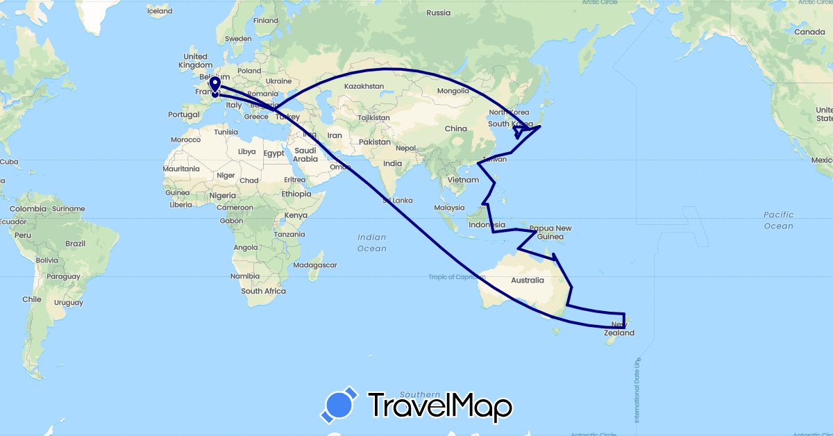 TravelMap itinerary: driving in United Arab Emirates, Australia, China, France, Indonesia, Japan, South Korea, Malaysia, New Zealand, Philippines, Turkey, Taiwan (Asia, Europe, Oceania)